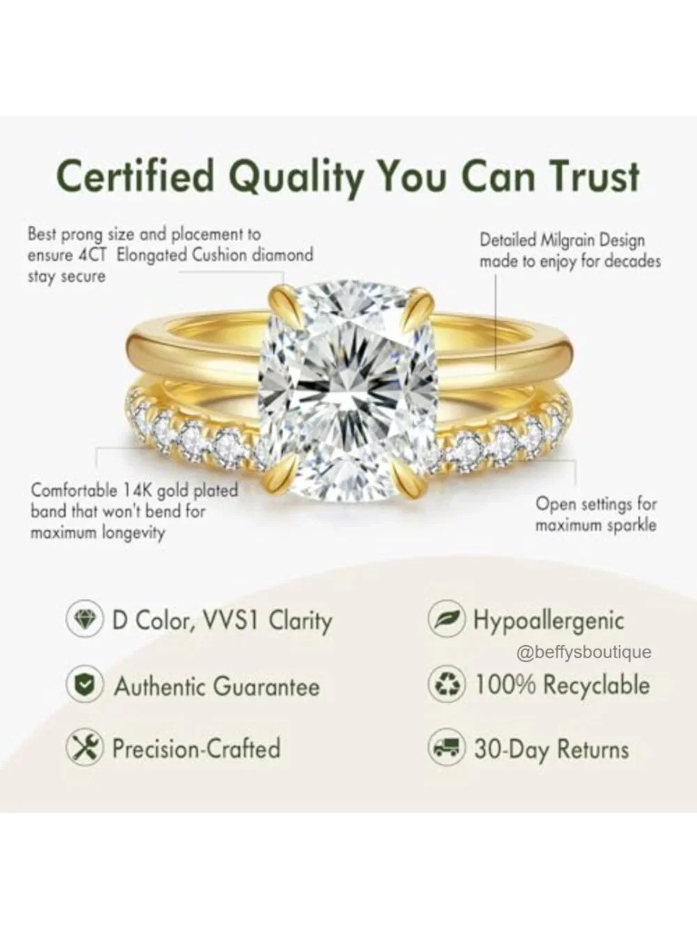 4CT Cushion Cut Moissanite 14K Gold Plated Wedding Ring Set GRA